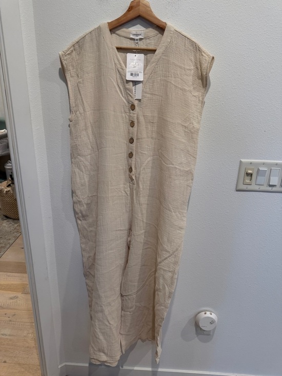 Anniewear Pants - Sleeveless Button-Front Beige Jumpsuit